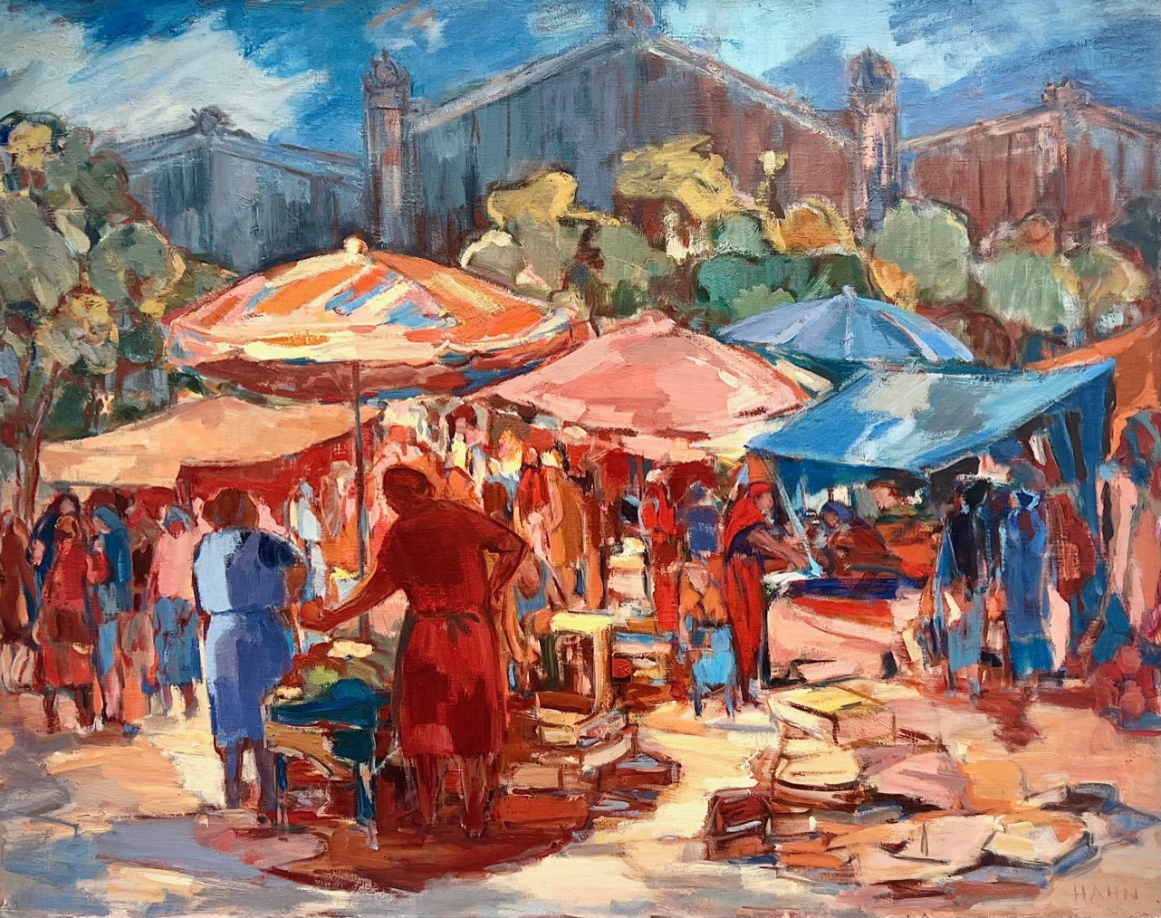 Tableau moderne 20ème siècle huile sur toile marché d'été provençale couleurs rouge bleu vert