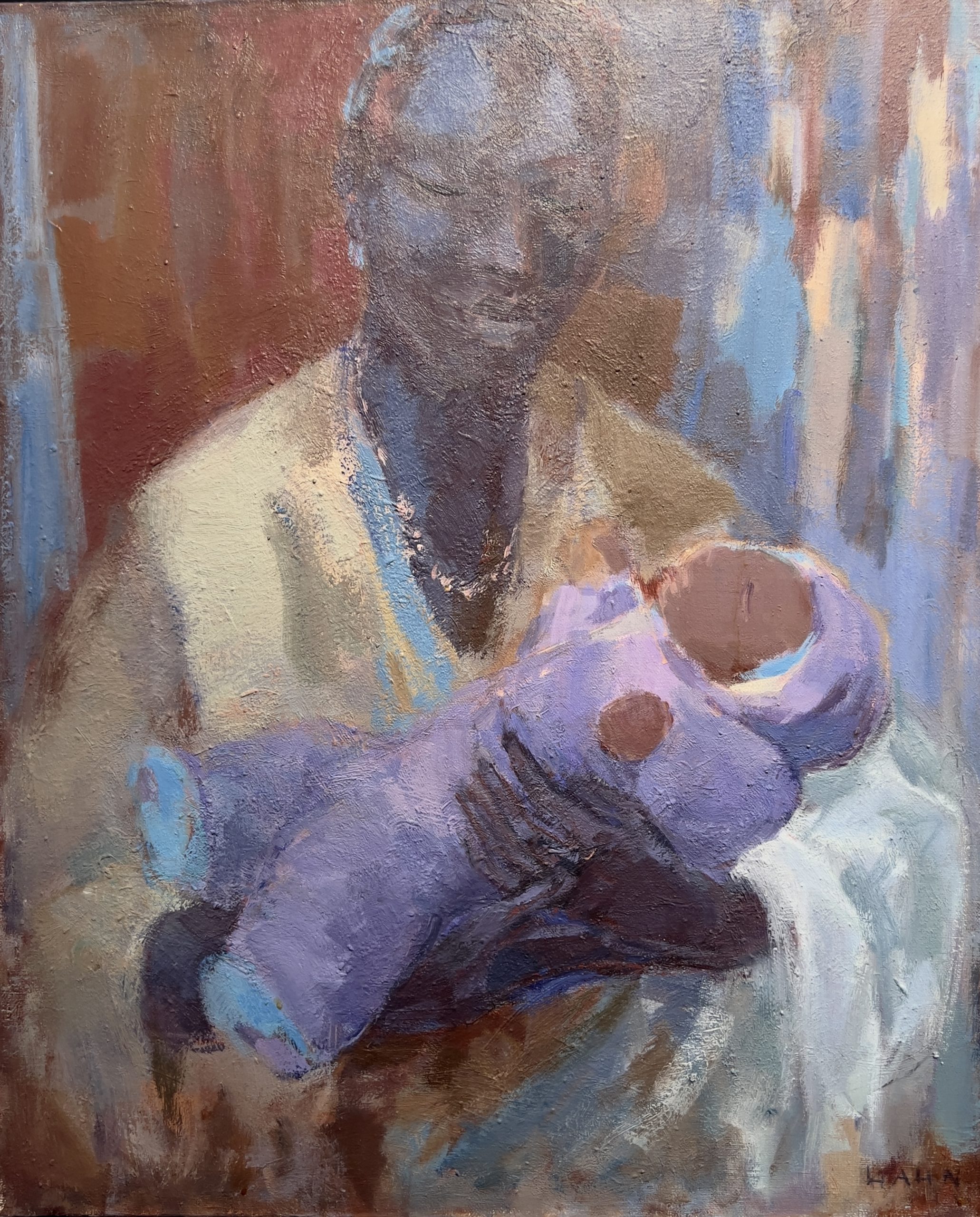 elisabeth-hahn-femme-noire-enfant-huile-sur-toile Elisabeth Hahn, Bébé mauve, huile sur toile représentant une femme noire tenant son bébé