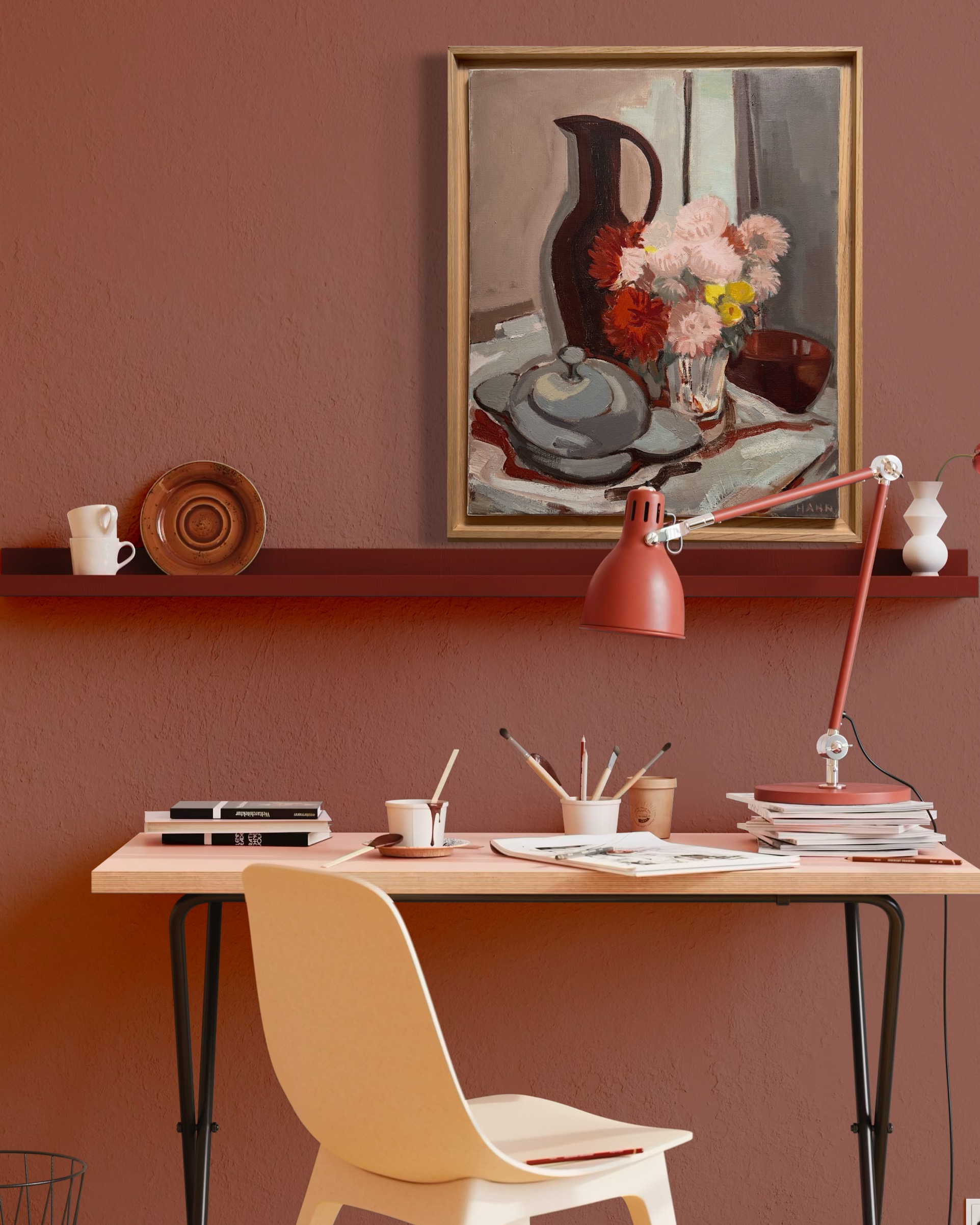 elisabeth-hahn-nature-morte-bouquet-fleurs-huile-sur-toile-deco Elisabeth Hahn, Nature morte au bouquet de fleurs, huile sur toile, vase et objets de table