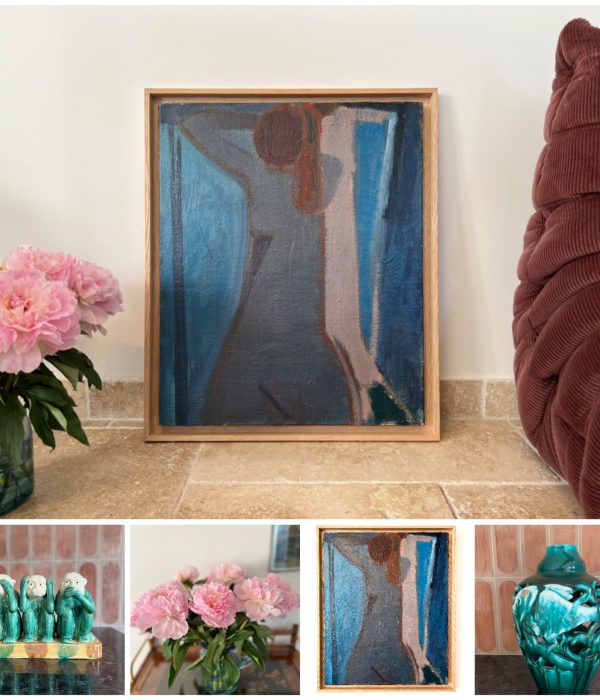 Nu Bleu Elisabeth Hahn Peinture moderne Huile sur toile Décoration d'intérieur avec Togo Ligne Roset