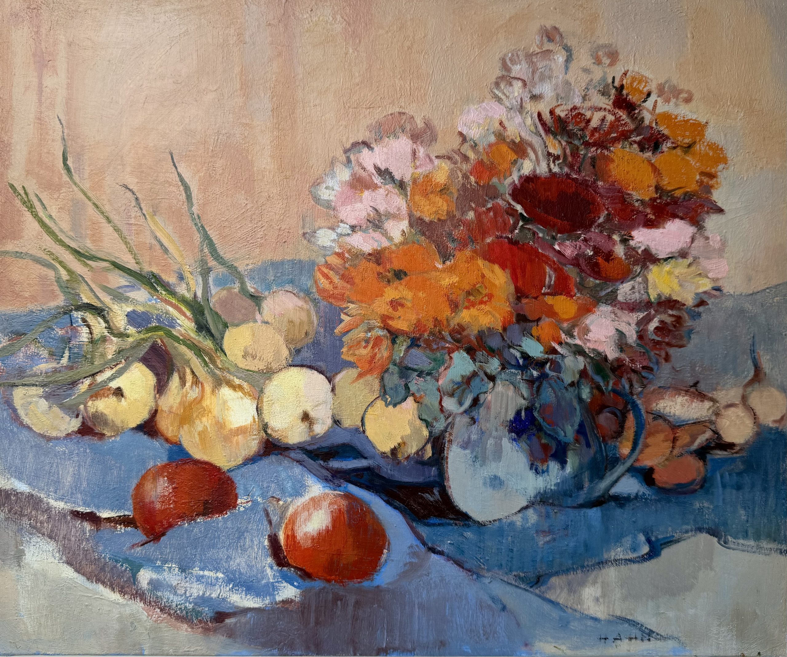 nature.morte.elisabeth.hahn Elisabeth Hahn, Nature morte, bouquet de fleurs et fruits, huile sur toile