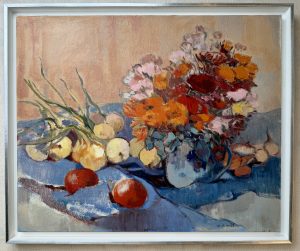 Elisabeth Hahn, Nature morte, bouquet de fleurs et fruits, huile sur toile