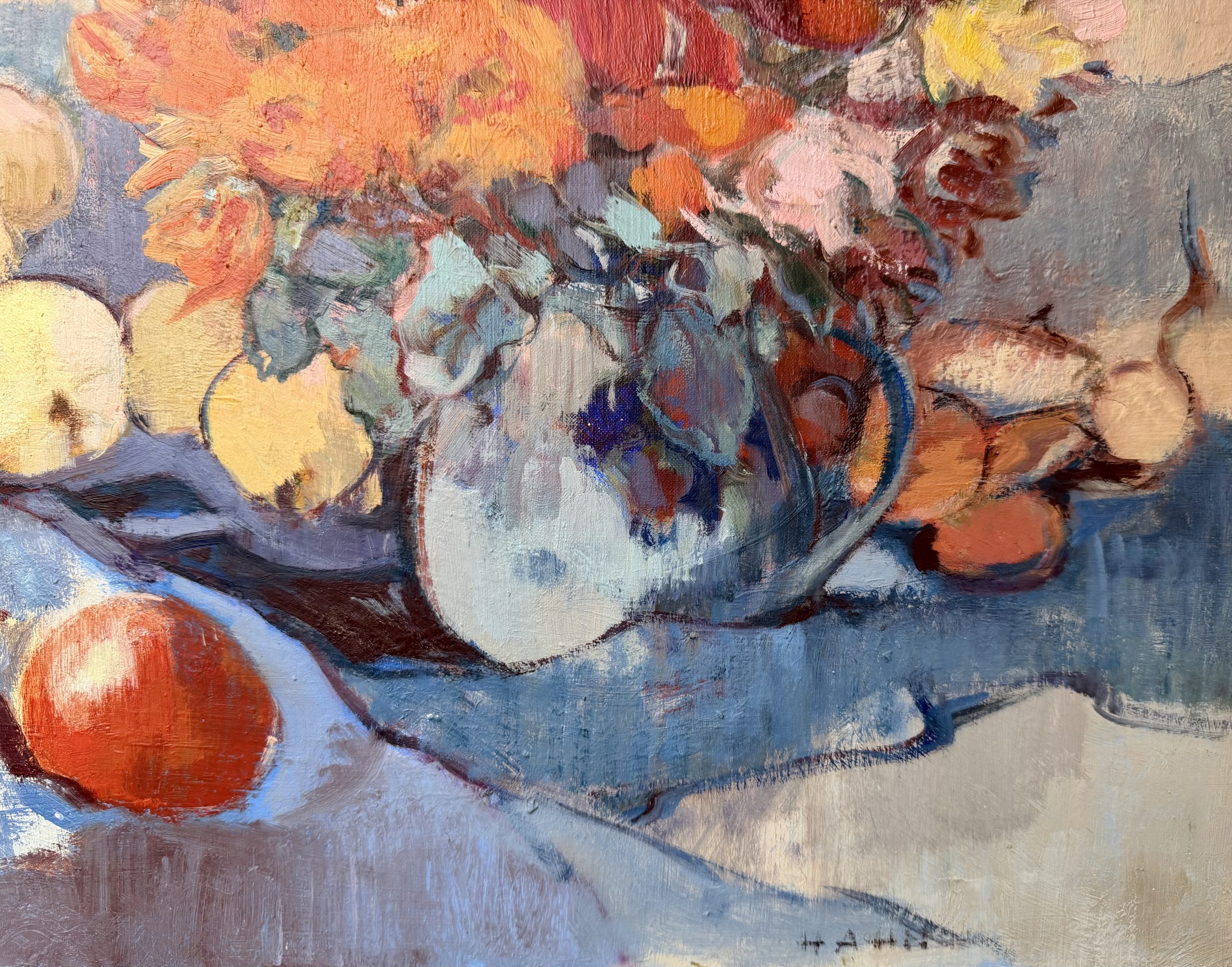nature.morte.elisabeth.hahn.detail2 Elisabeth Hahn, Nature morte, bouquet de fleurs et fruits, huile sur toile