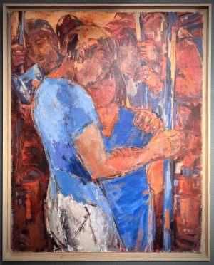 Les amoureux du métro d’Elisabeth Hahn : une huile sur toile vibrante où un couple se retrouve au cœur de la ville, entre bleus, rouges et ocres.