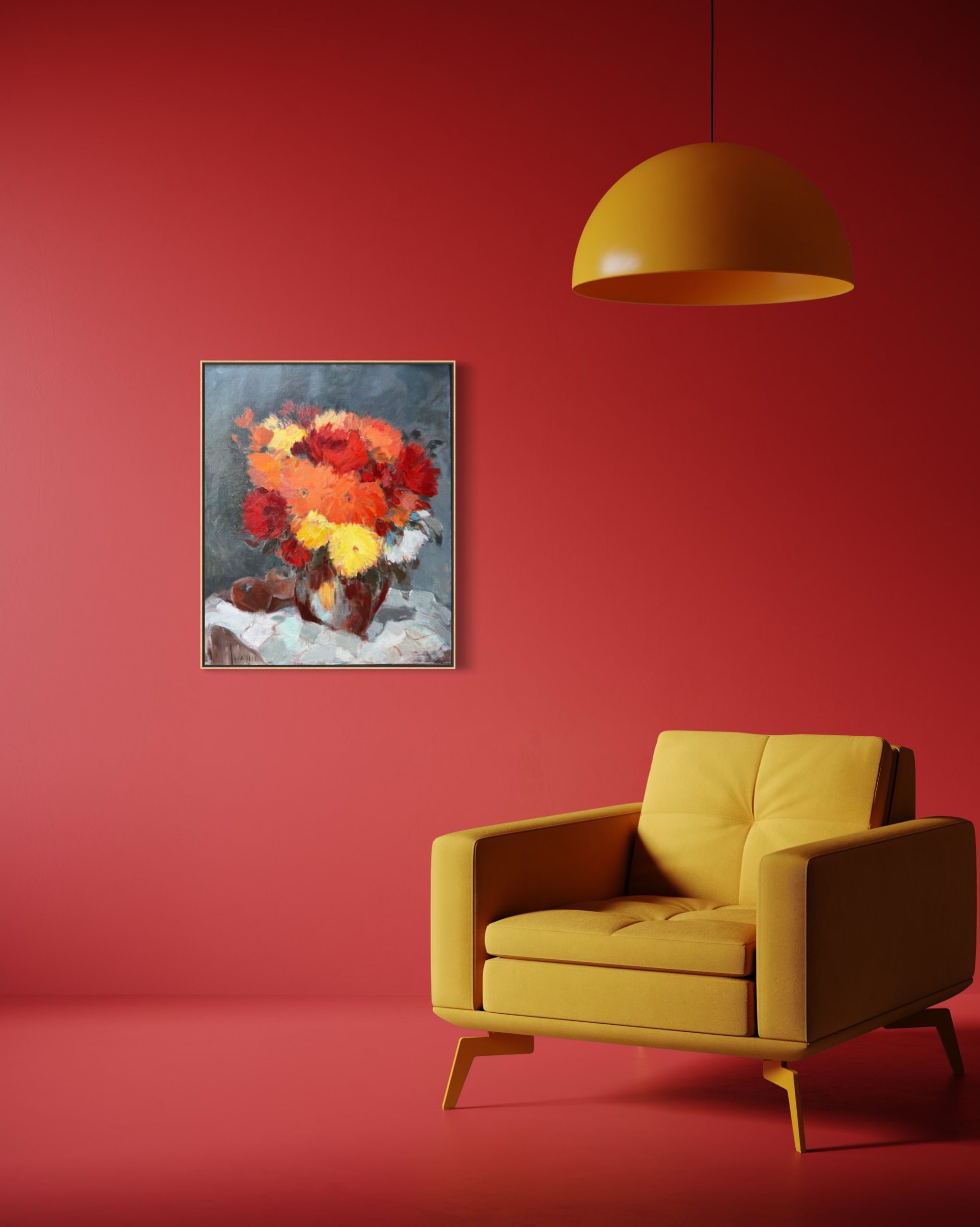 bouquet.dahlias.deco2 Elisabeth Hahn, Bouquet de fleurs orange, huile sur toile, nature morte florale moderne