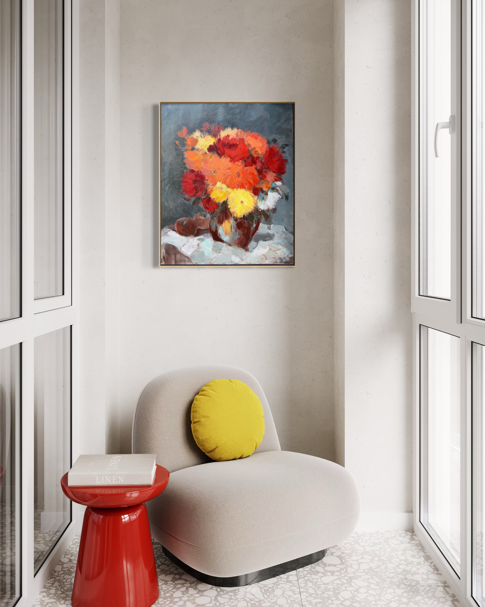 bouquet.dahlias.deco Elisabeth Hahn, Bouquet de fleurs orange, huile sur toile, nature morte florale moderne