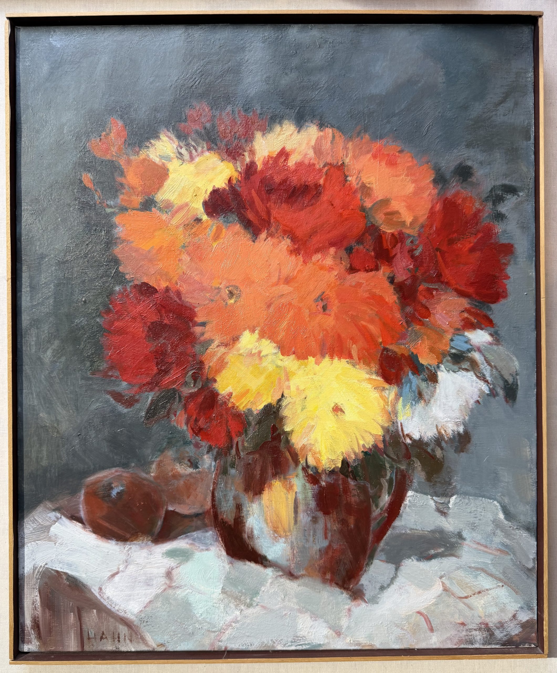 Elisabeth Hahn, Bouquet de fleurs orange, huile sur toile, nature morte florale moderne