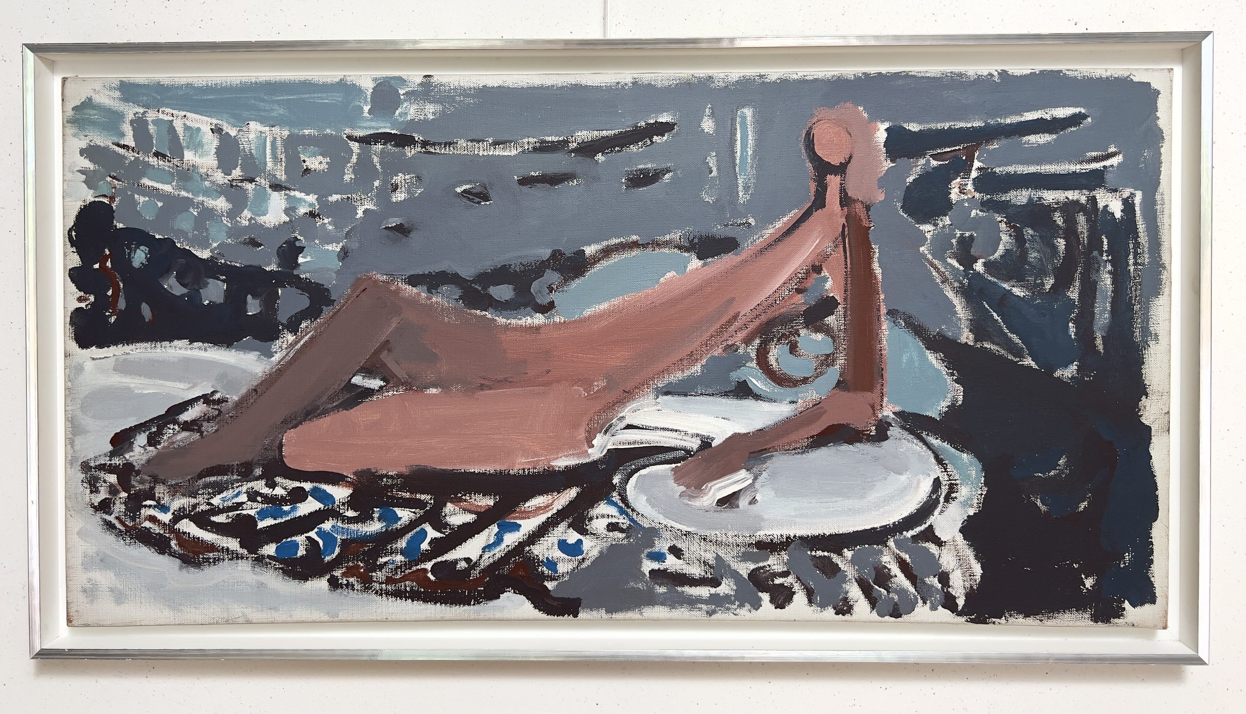 Tableau femme Nu moderne allongé, huile sur toile signée Elisabeth Hahn (XXᵉ siècle), palette gris bleus et roses, style art moderne expressionniste – Galerie à Cannes.