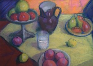 tableau Nature morte au pastel et gouache de Jean Perret, École Lyonnaise, représentant fruits, pichet et verre de lait, XXᵉ siècle.
