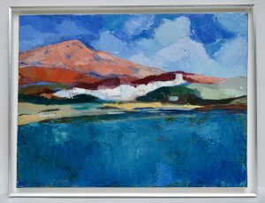Tableau moderne intitulé Ville blanche, huile sur toile signée Elisabeth Hahn (XXᵉ siècle), représentant un paysage méditerranéen aux tons bleus, ocres et orangés.