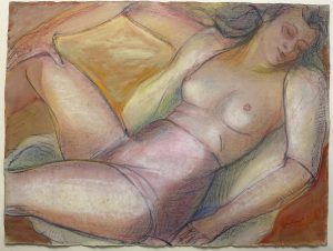 Jean Perret, Nu, pastel sur papier représentant un nu féminin allongé aux tons rosés et ocres.