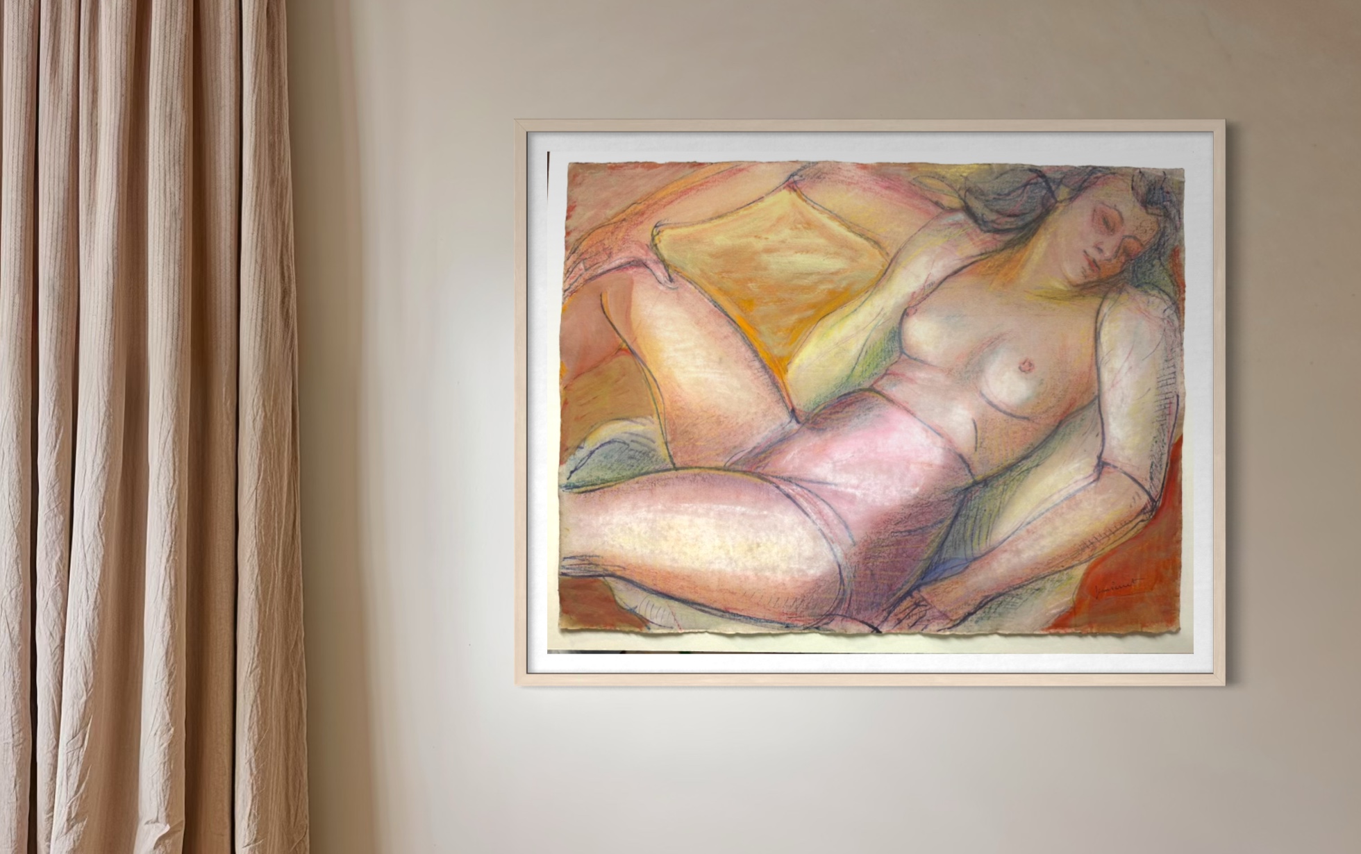 jean-perret-nu-pastel-deco Jean Perret, Nu, pastel sur papier représentant un nu féminin allongé aux tons rosés et ocres.