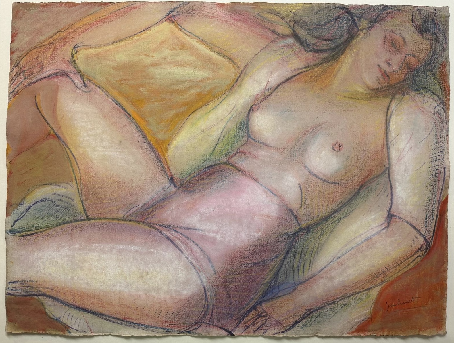 Jean Perret, Nu, pastel sur papier représentant un nu féminin allongé aux tons rosés et ocres.
