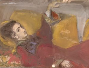 Stéphane Herbelin, Jeune femme alanguie robe rouge, pastel et gouache sur papier