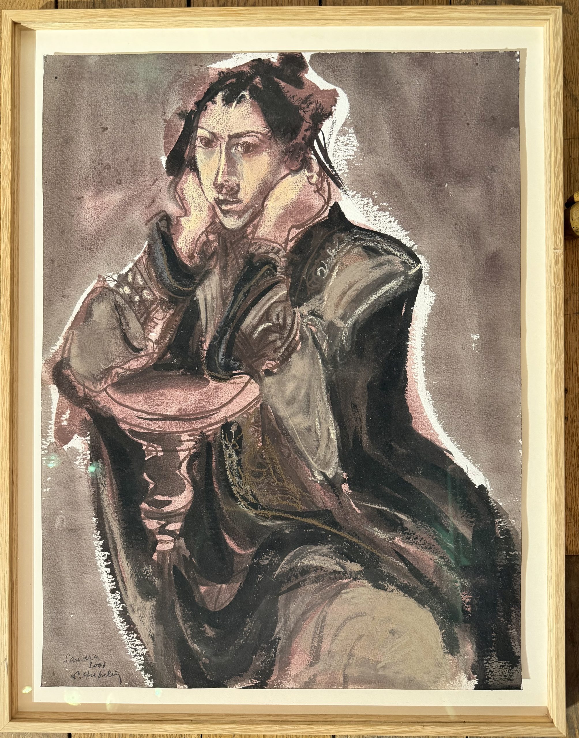 stephane-herbelin-femme-accoudee-visage-pose-dans-les-mains-aquarelle-pastel-cadre