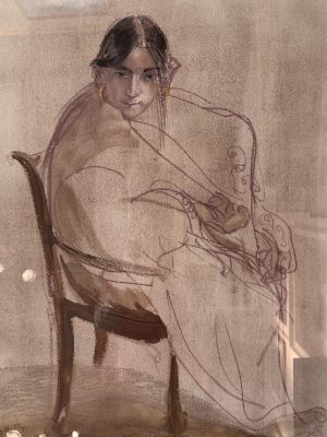 Stéphane Herbelin, Femme assise, aquarelle et pastel sur papier, étude de figure féminine