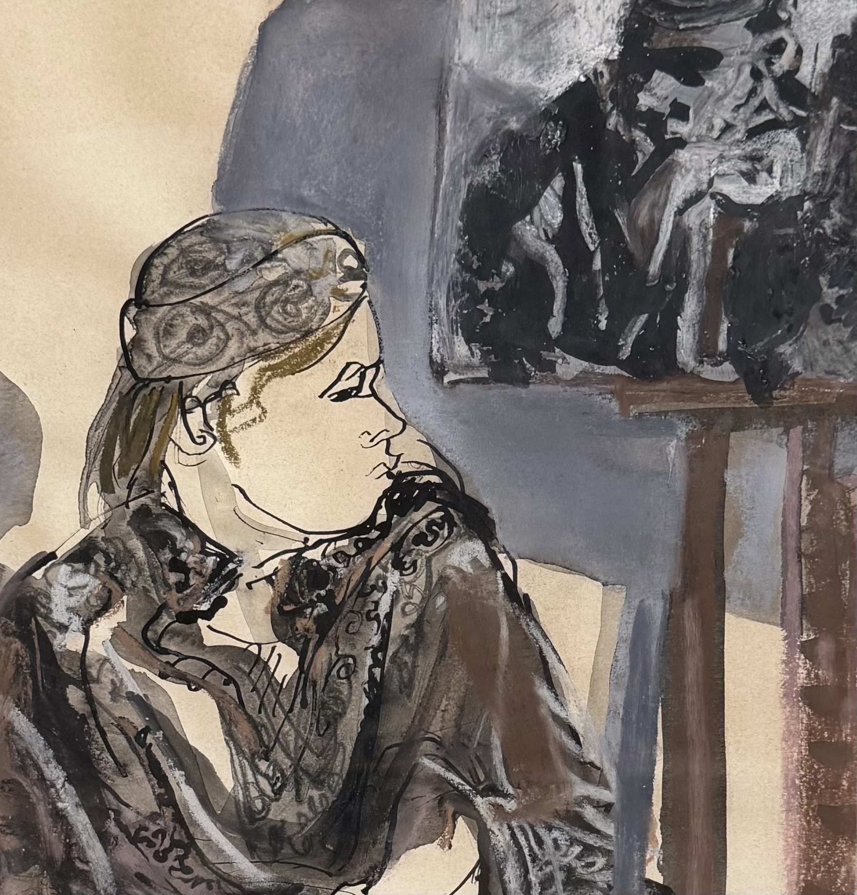stephane-herbelin-femme-assise-au-bonnet-aquarelle-encre-pastel-detail Stéphane Herbelin, Femme assise au bonnet, aquarelle encre et pastel sur papier, chevalet en arrière-plan