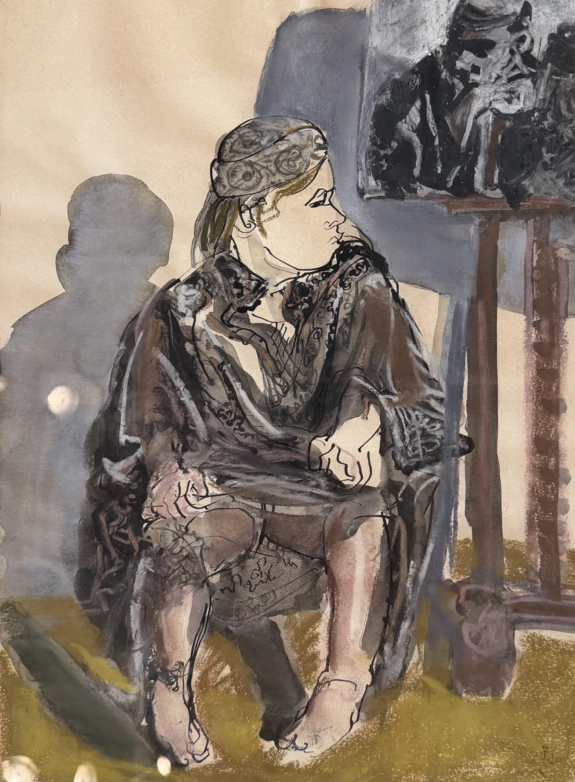 Stéphane Herbelin, Femme assise au bonnet, aquarelle encre et pastel sur papier, chevalet en arrière-plan