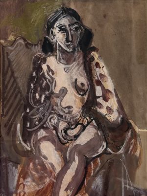 Stéphane Herbelin, femme aux cheveux longs bruns, sein découvert et jambes croisées, gouache sur papier