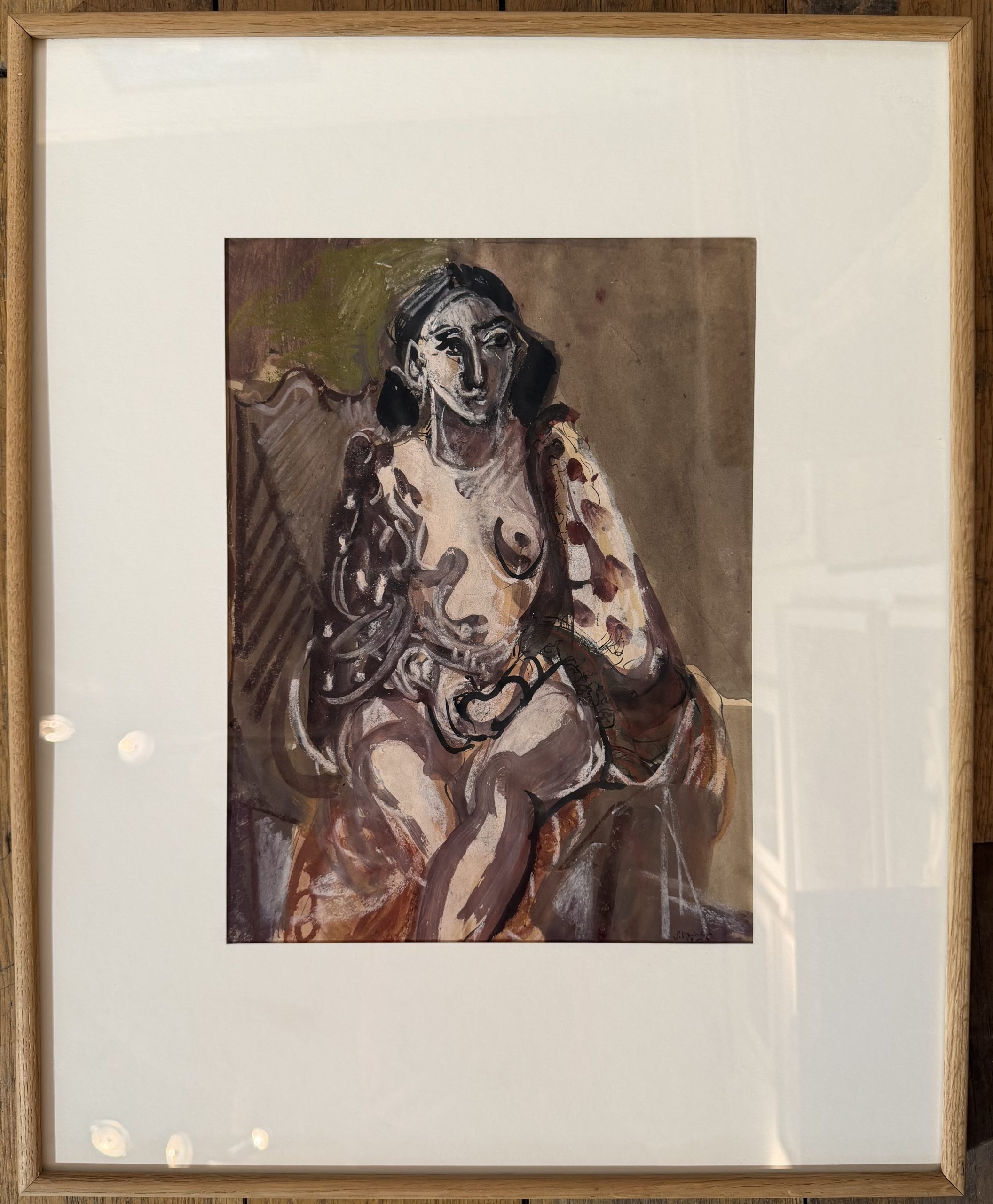 stephane-herbelin-femme-cheveux-longs-bruns-sein-decouvert-gouache-cadre