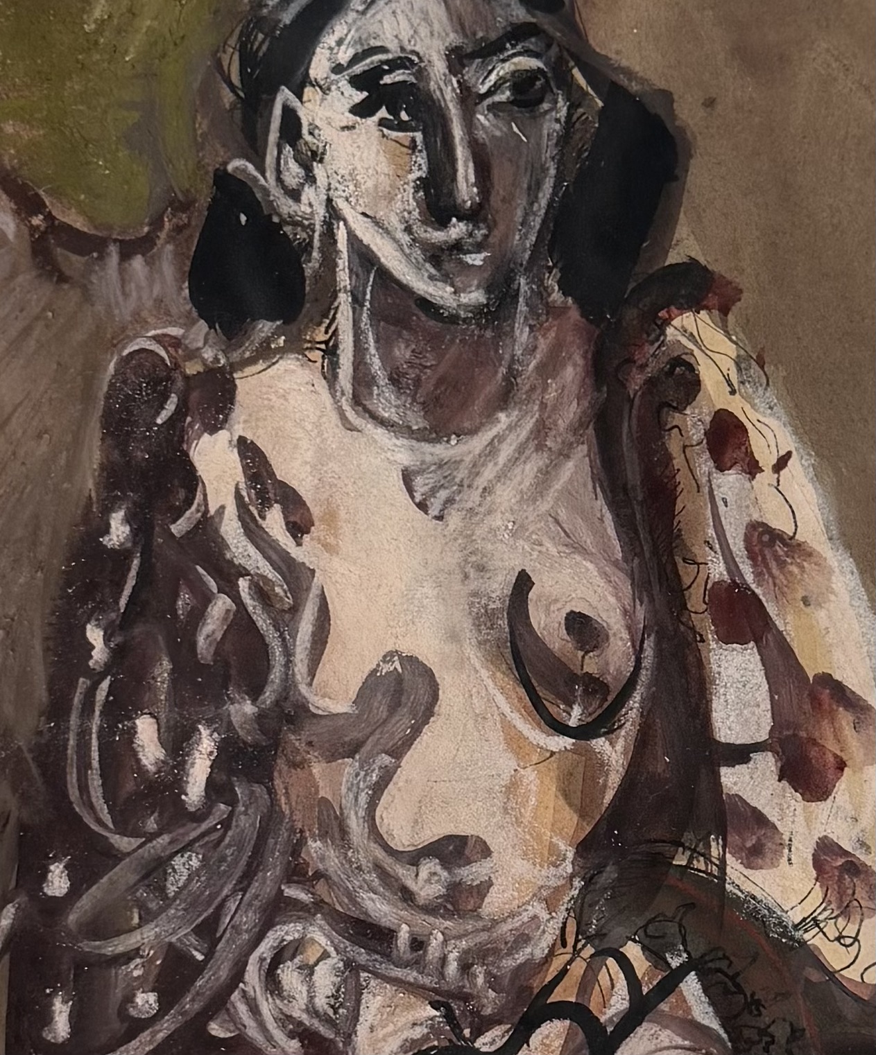stephane-herbelin-femme-cheveux-longs-bruns-sein-decouvert-gouache-detail Stéphane Herbelin, femme aux cheveux longs bruns, sein découvert et jambes croisées, gouache sur papier