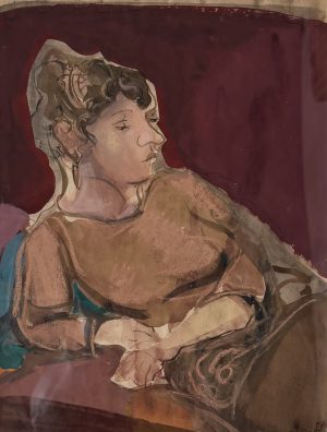 Stéphane Herbelin, Femme au chignon de profil accoudée sur un sofa, gouache et pastel sur papier