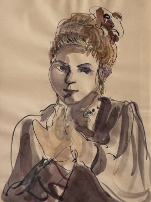 Stéphane Herbelin, Femme au chignon roux, gouache sur papier, portrait féminin