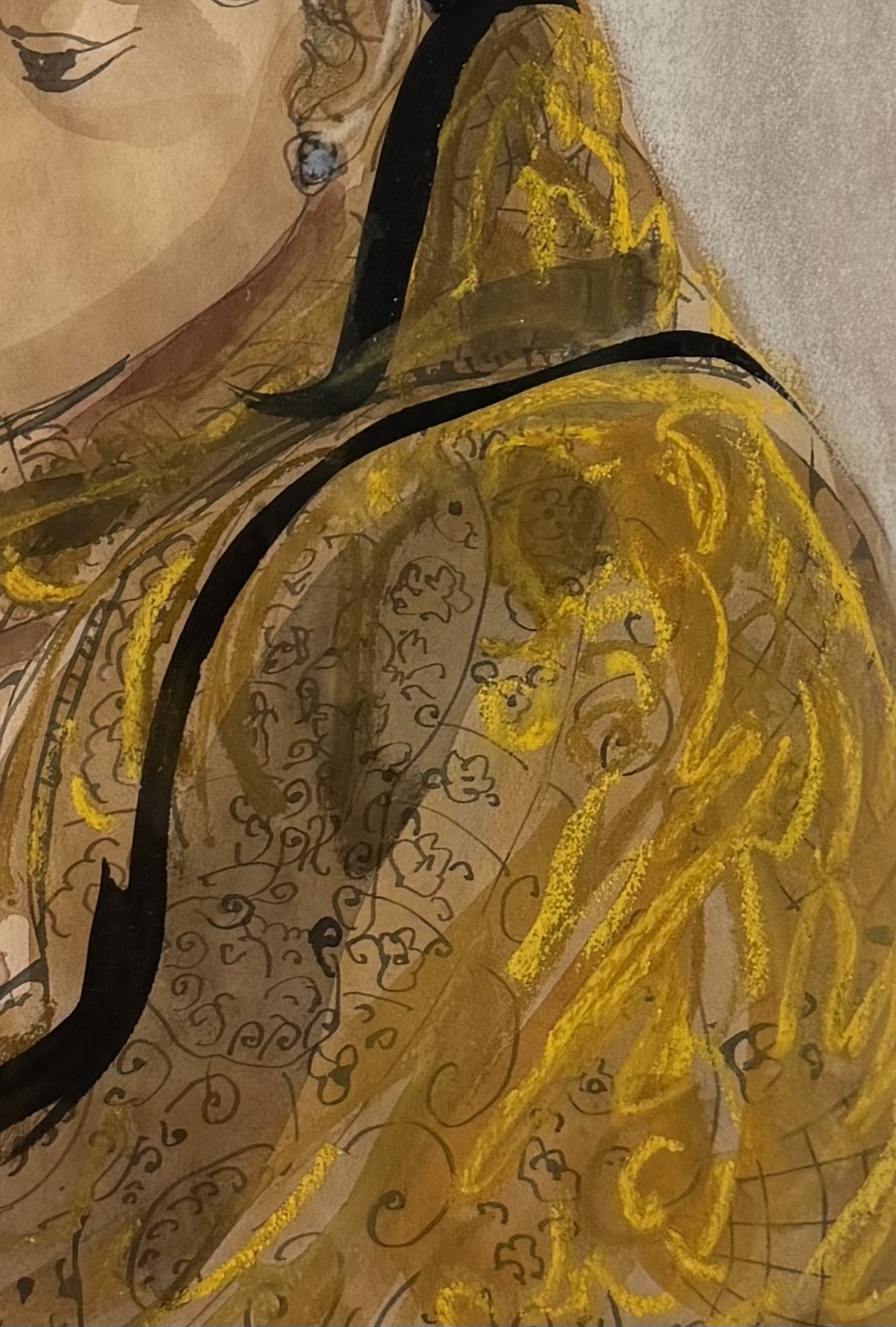 stephane-herbelin-marlene-au-chale-jaune-detail Stéphane Herbelin, Marlène au châle jaune, gouache sur papier, portrait féminin