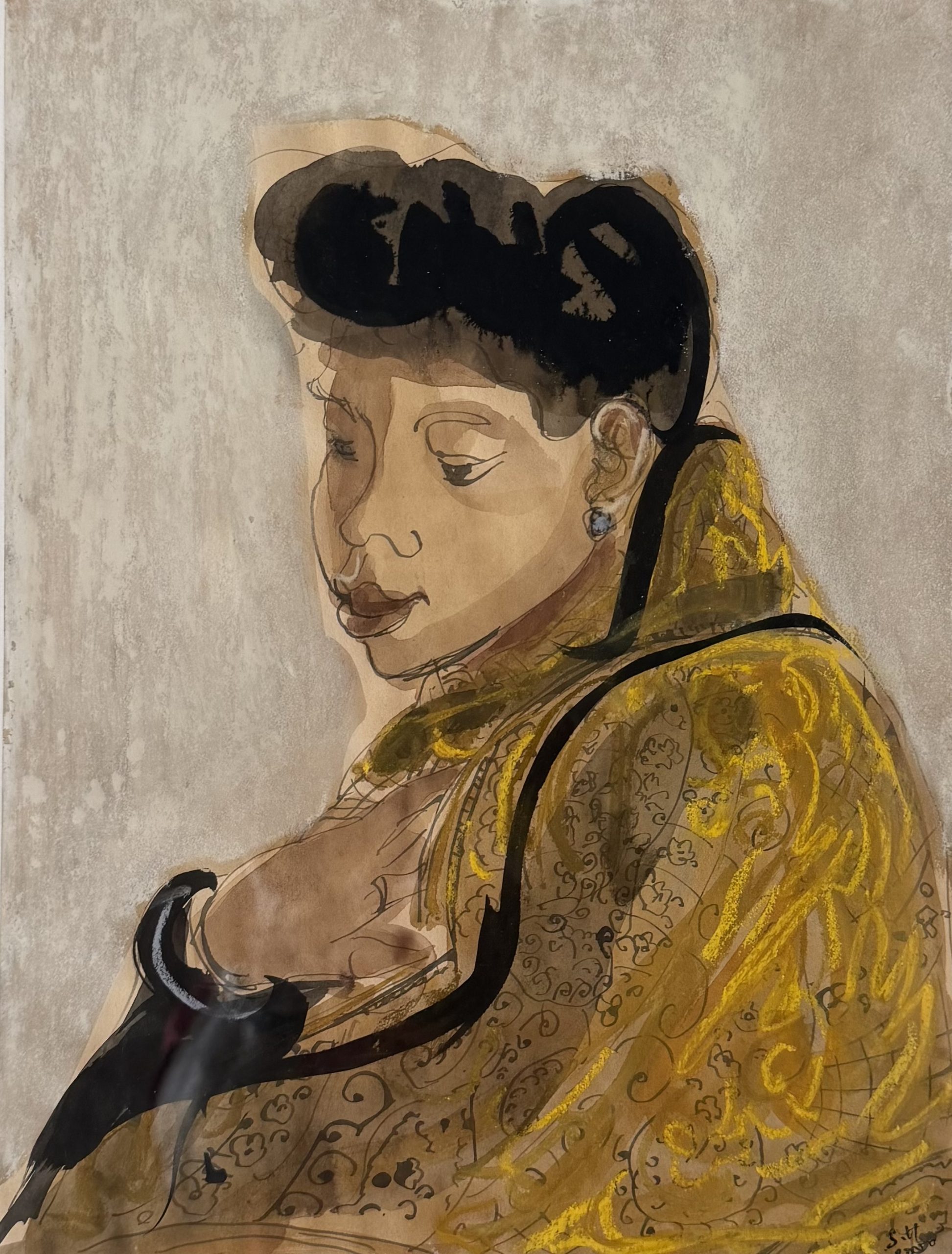 Stéphane Herbelin, Marlène au châle jaune, gouache sur papier, portrait féminin