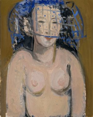 Découvrez Femme à la voilette de Stéphane Herbelin, une huile sur papier délicate et expressive où la figure féminine se dévoile entre ocre, bleu et gestes libres.