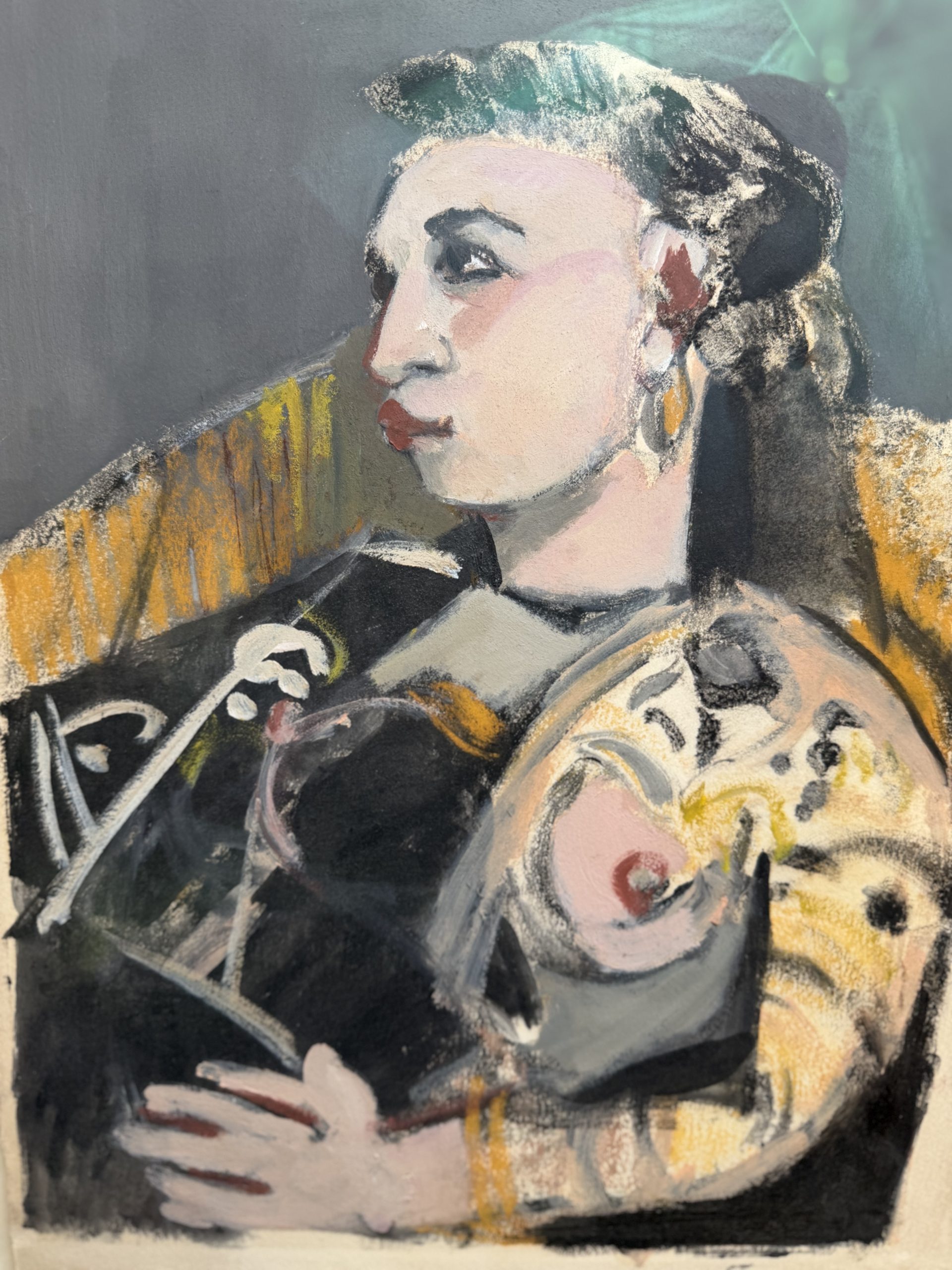 Découvrez le Portrait Femme de profil de Stéphane Herbelin, une huile sur papier où la figure féminine s’impose avec force et poésie dans une palette de noirs, d’ocres et de roses.