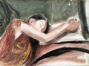 Cette aquarelle et pastel de Stéphane Herbelin représente une femme alanguie, allongée dans une pose souple et abandonnée, les bras étendus dans un mouvement qui traverse toute la composition. Les tonalités vertes, roses, rouges, brunes et noires se mêlent à un dessin libre et nerveux, tandis que le décor travaillé en arabesques apporte une dimension décorative à la scène. Une œuvre figurative française sur papier, sensible et expressive, où la figure féminine devient un véritable sujet de peinture.