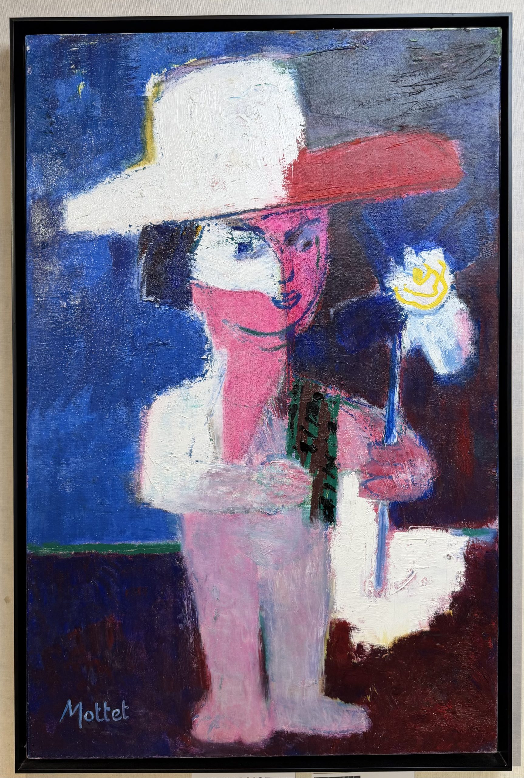 Découvrez l'enfant au chapeau et à la fleurs cette huile sur toile qui construction des formes qui rapprochent l’artiste, avec mesure, des recherches de Picasso et du cubisme.