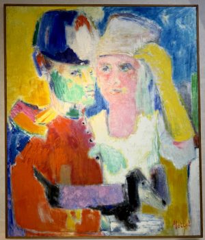 Découvrez Le Saint-Cyrien d’Yvonne Mottet, une grande huile sur toile de 157,5 × 132 cm, entre peinture figurative, couleur et construction cubiste.