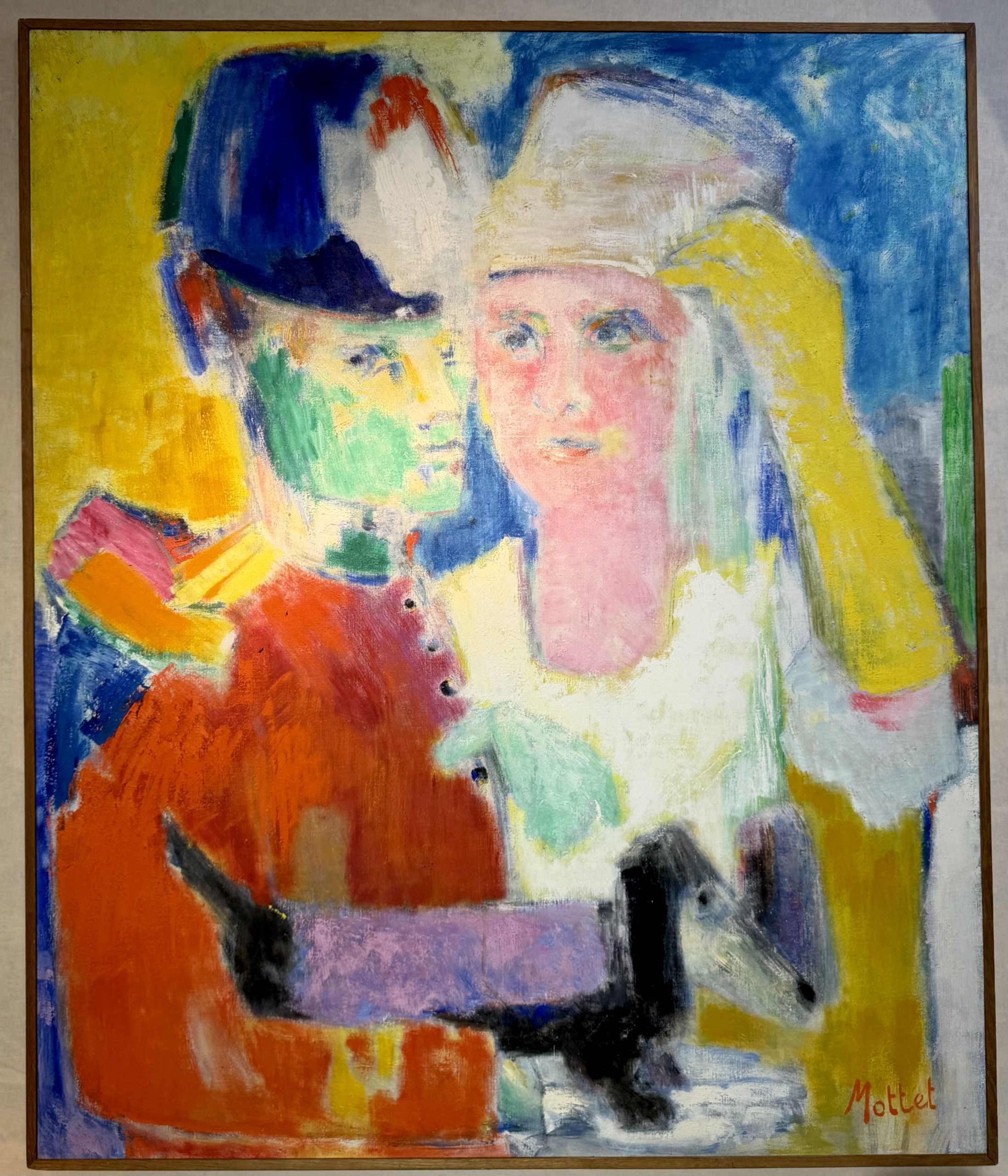 Découvrez Le Saint-Cyrien d’Yvonne Mottet, une grande huile sur toile de 157,5 × 132 cm, entre peinture figurative, couleur et construction cubiste.
