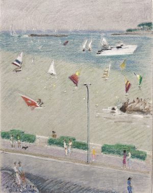 Découvrez Pierre Pruvost à Antibes en 1980 : une gouache et pastel aux voiliers colorés, célébrant la lumière méditerranéenne. Œuvre originale, galerie d’art à Cannes.