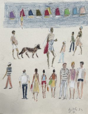 Pierre Pruvost, Antibes 1983, gouache et pastel sur papier représentant des promeneurs et un chien sous des voiliers aux voiles colorées